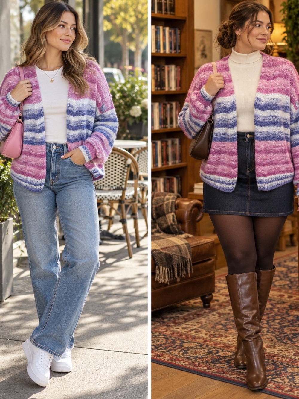 Striped Pink, Blue & White Open Front Women's Sweater Cardigan